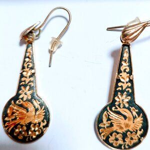 Spanish Damascene Teardrop Earrings with Birds and Vines -- Vintage & Pierced